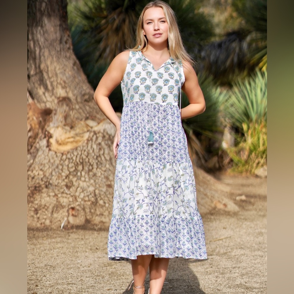 NWT Dolma California. Small Nola Sleeveless Block Print Long Dress Blue Green